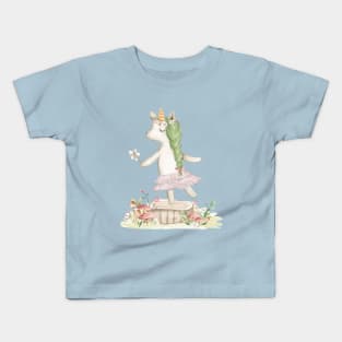 Unicorn dancing among flowers and mushrooms - watercolour Kids T-Shirt